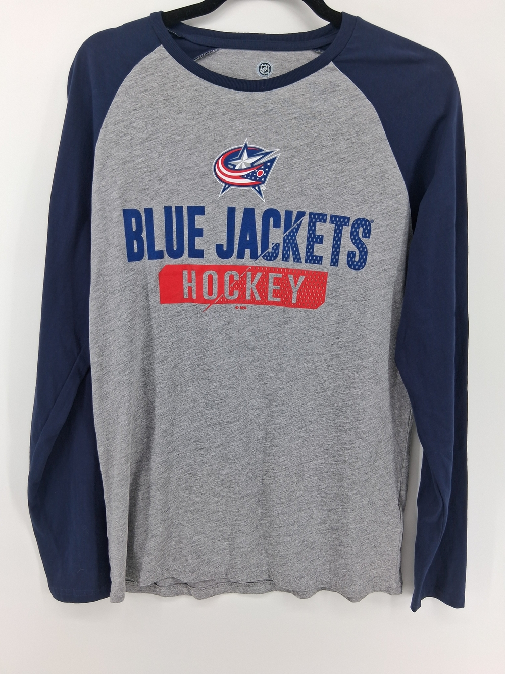 NHL Columbus Blue Jackets Raglan Long Sleeve Tee - Gray, Navy & Red